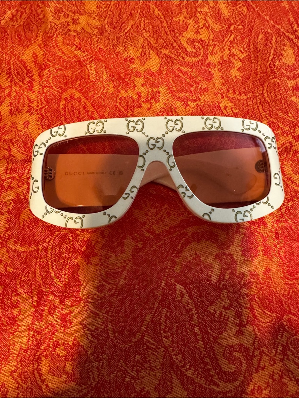 Gucci White GG-Print Oversized Sunglasses (Ivory/Orange) Tinted Lenses